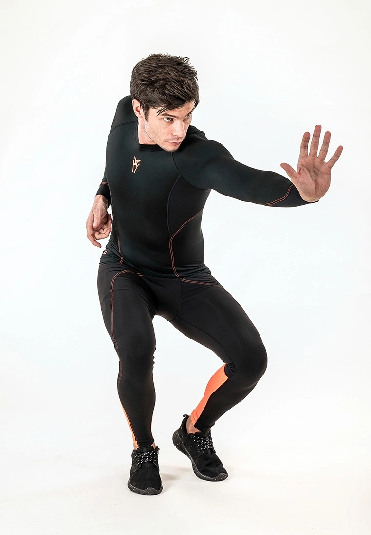 Amnig Men Diligent Compression Long Sleeve Top (Black/Orange) - Image 7